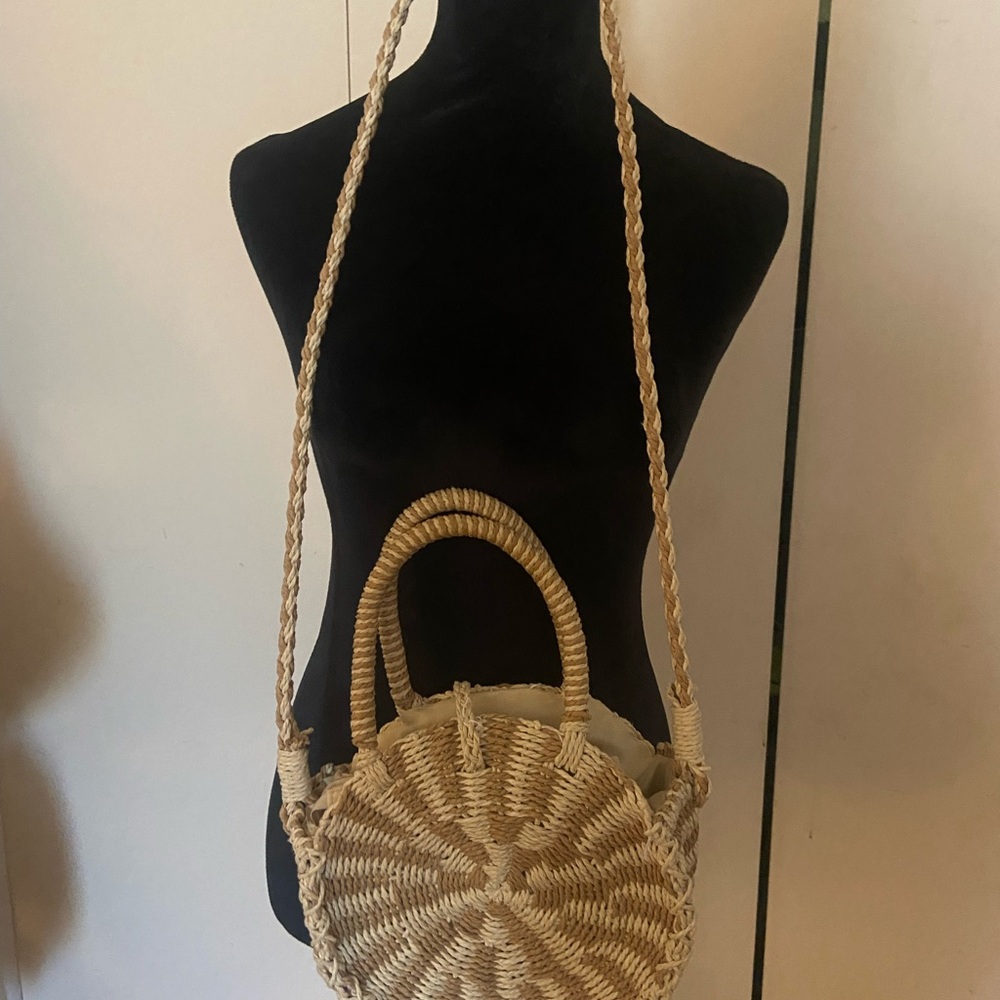 Tan Woven Crossbody Bag with Circular Design